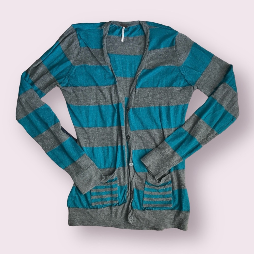 Grey & Teal Striped Long Cardigan L Poof Button-Down Long-Sleeve Sweater